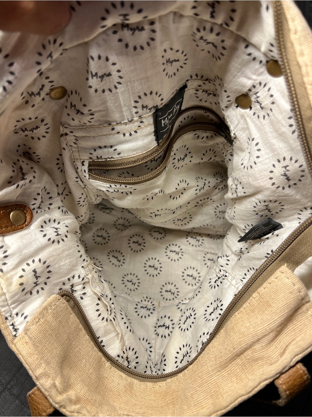 Myra Bag Beige Organic Upcycled Mkt Bag with Brown Leather Straps - Picture 6 of 11